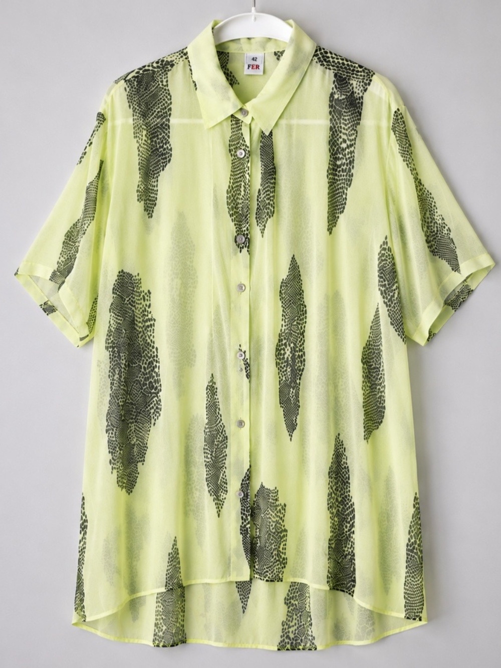 FER Size 42 Lime Snakeskin Print Sheer Viscose Button Front Blouse
